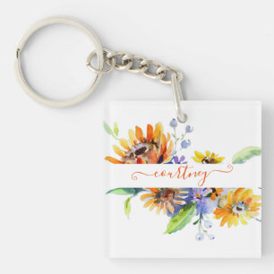 Watercolor madeliefjes gepersonaliseerd sleutelhanger