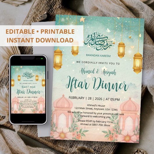Watercolor Magical Teal and Peach Iftar Invitation Kaart
