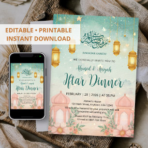 Watercolor Magische Teal en Perzik Iftar Uitnodigi Kaart