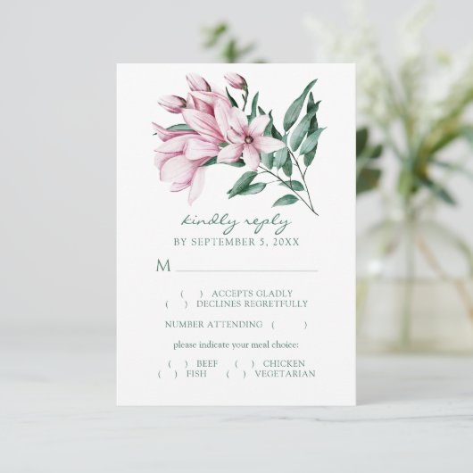 Watercolor Magnolia Boeket Huwelijksmenu Keuze RSVP Kaartje (Staand voorkant)