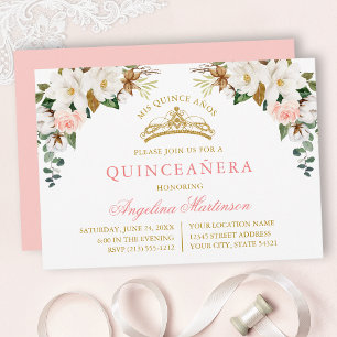 Watercolor Magnolia's Roze Rozen Gouden Quinceaner Kaart
