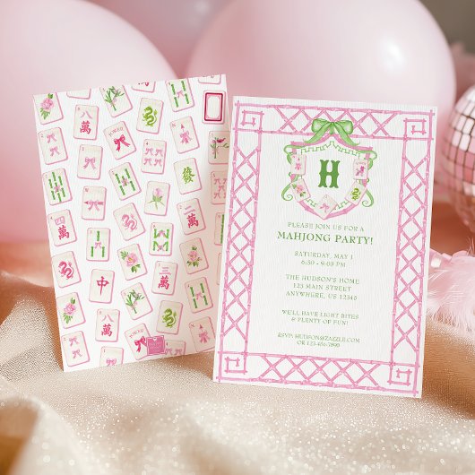 Watercolor Mahjong Monogram Crest Bamboe Feest Kaart