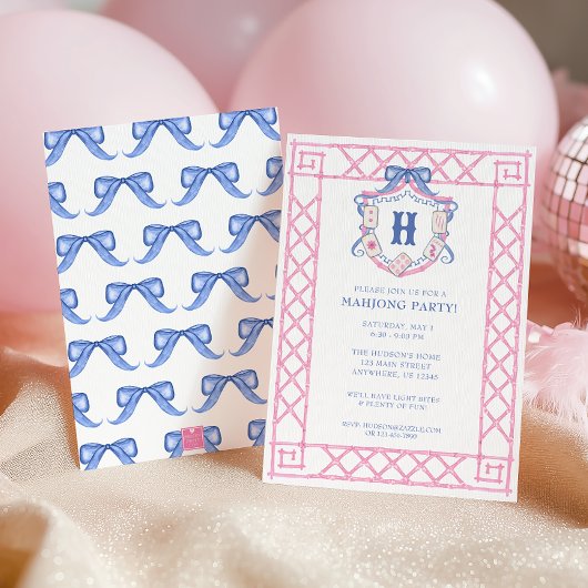 Watercolor Mahjong Monogram Crest Bamboo Party Kaart