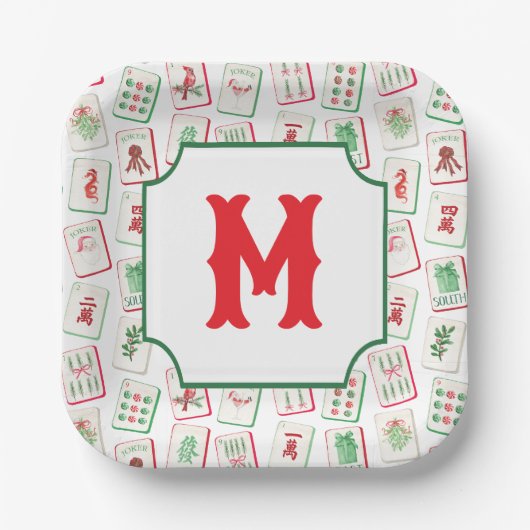Watercolor Mahjong Red & Green Christmas Monogram Papieren Bordje (Voorkant)