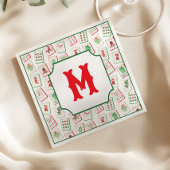 Watercolor Mahjong Red & Green Christmas Monogram Servet