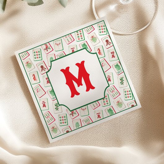 Watercolor Mahjong Red & Green Christmas  Monogram Servet