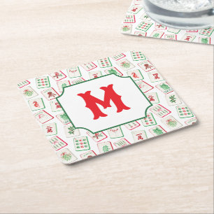Watercolor Mahjong Rood & Groen Kerst Monogram Kartonnen Onderzetters