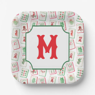 Watercolor Mahjong Rood & Groen Kerst  Monogram Papieren Bordje
