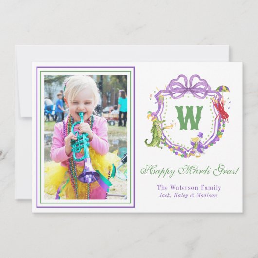 Watercolor Mardi Gras Animals Monogram Crest Photo Feestdagenkaart (Voorkant)