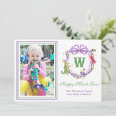 Watercolor Mardi Gras Animals Monogram Crest Photo Feestdagenkaart (Staand voorkant)