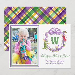 Watercolor Mardi Gras Dieren Monogram Crest Foto Feestdagenkaart