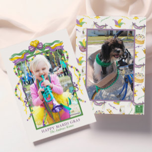 Watercolor Mardi Gras-maskers King Cake-kroon Foto Feestdagenkaart
