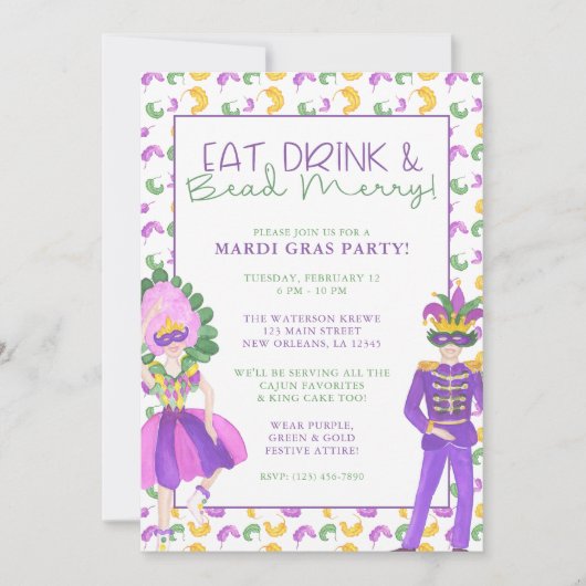 Watercolor Mardi Gras Masquerade Party Kaart (Voorkant)