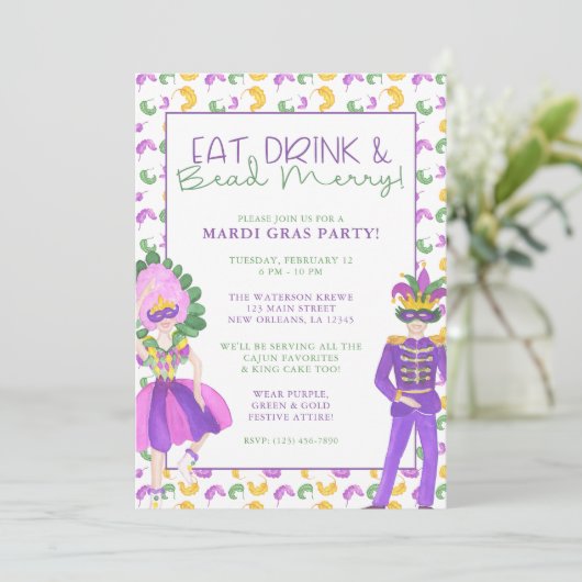 Watercolor Mardi Gras Masquerade Party Kaart (Staand voorkant)