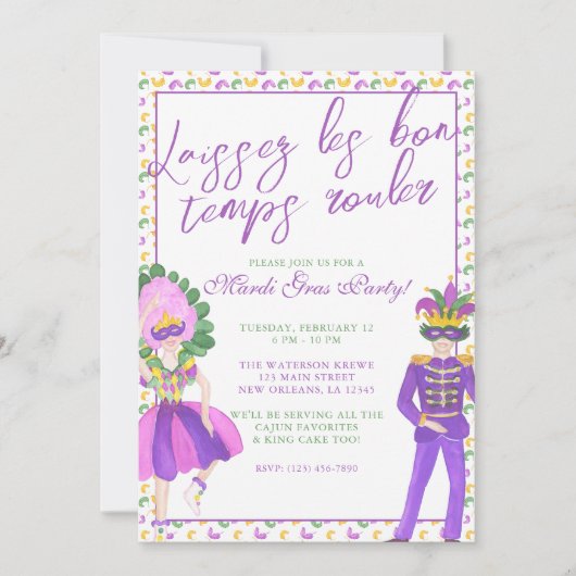 Watercolor Mardi Gras Masquerade Party Kaart (Voorkant)