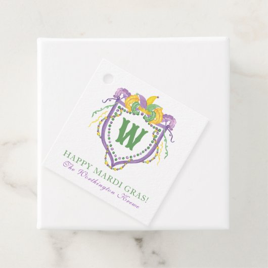 Watercolor Mardi Gras Monogram Crest Bedankjes Labels (In situ)