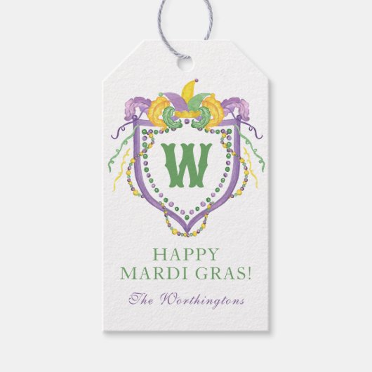 Watercolor Mardi Gras Monogram Crest Cadeaulabel (Voorkant)