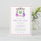 Watercolor Mardi Gras Monogram Crest Feest Kaart (Staand voorkant)