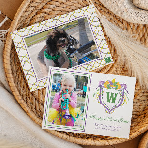 Watercolor Mardi Gras Monogram Crest Foto Feestdagenkaart