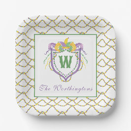 Watercolor Mardi Gras Monogram Crest Papieren Bordje