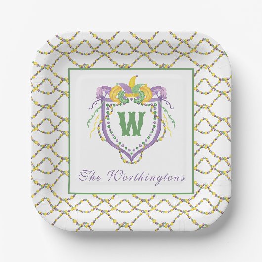 Watercolor Mardi Gras Monogram Crest Papieren Bordje