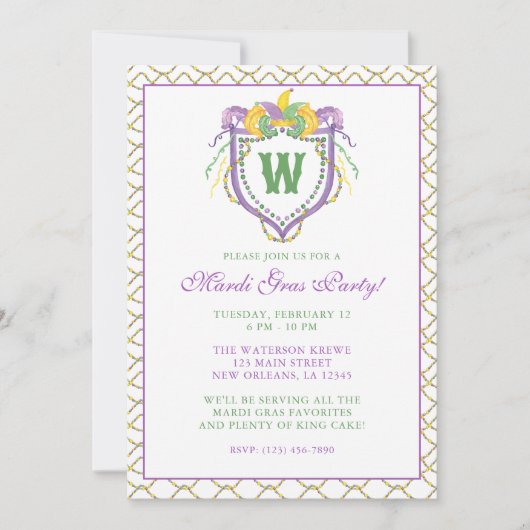 Watercolor Mardi Gras Monogram Crest Party Kaart (Voorkant)