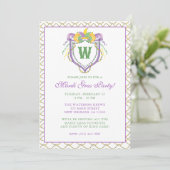 Watercolor Mardi Gras Monogram Crest Party Kaart (Staand voorkant)