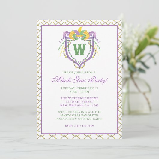 Watercolor Mardi Gras Monogram Crest Party Kaart (Staand voorkant)