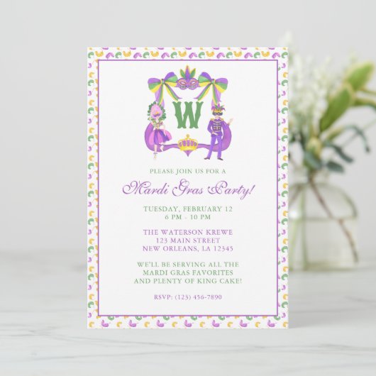 Watercolor Mardi Gras Monogram Crest Party Kaart (Staand voorkant)