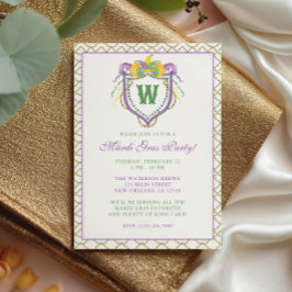 Watercolor Mardi Gras Monogram Crest Party Kaart