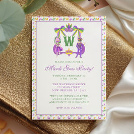 Watercolor Mardi Gras Monogram Crest Party Kaart