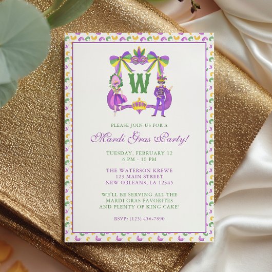 Watercolor Mardi Gras Monogram Crest Party Kaart