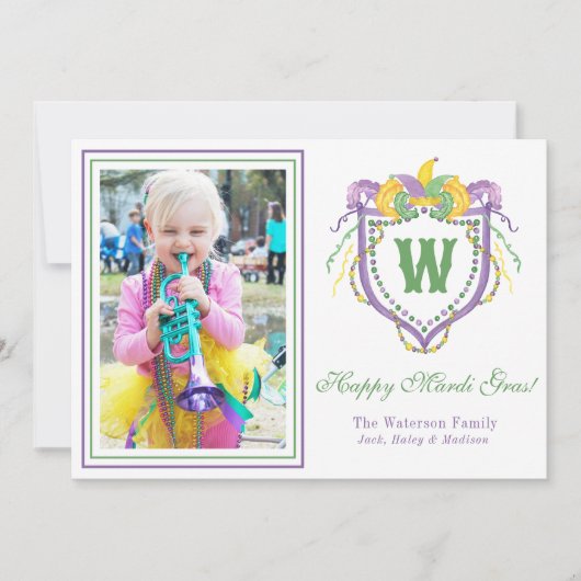 Watercolor Mardi Gras Monogram Crest Photo Feestdagenkaart (Voorkant)