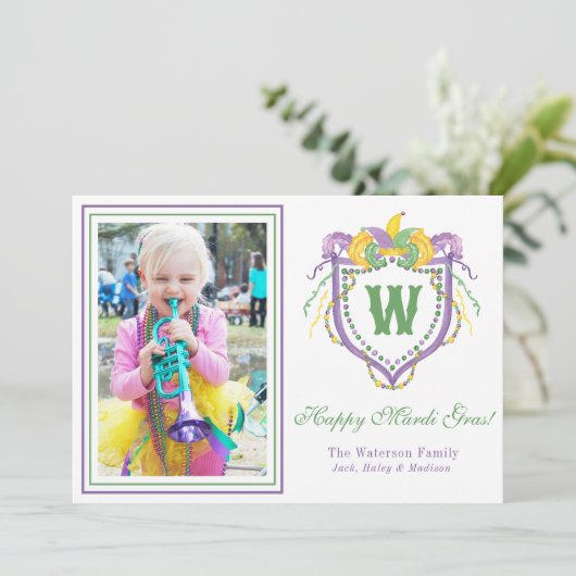 Watercolor Mardi Gras Monogram Crest Photo Feestdagenkaart (Staand voorkant)