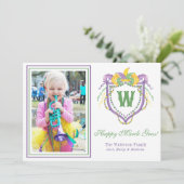 Watercolor Mardi Gras Monogram Crest Photo Feestdagenkaart (Staand voorkant)