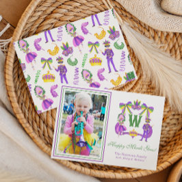Watercolor Mardi Gras Monogram Crest Photo Feestdagenkaart