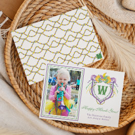Watercolor Mardi Gras Monogram Crest Photo Feestdagenkaart