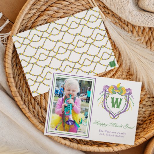 Watercolor Mardi Gras Monogram Crest Photo Feestdagenkaart