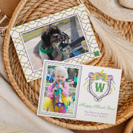 Watercolor Mardi Gras Monogram Crest Photo Feestdagenkaart