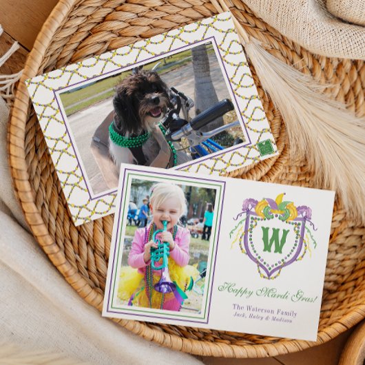 Watercolor Mardi Gras Monogram Crest Photo Feestdagenkaart