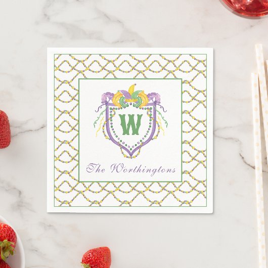Watercolor Mardi Gras Monogram Crest Servet