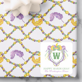 Watercolor Mardi Gras Monogram Crest Vierkante Sticker