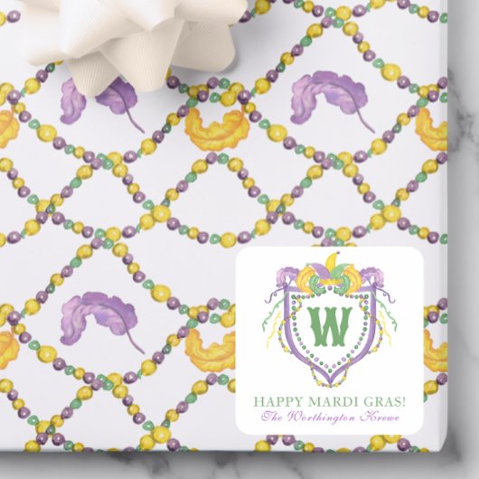 Watercolor Mardi Gras Monogram Crest Vierkante Sticker