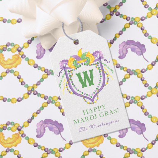 Watercolor Mardi Gras Monogram Wapen Cadeaulabel