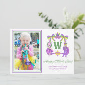 Watercolor Mardi Gras Monogram Wapenschild Foto Feestdagenkaart (Staand voorkant)
