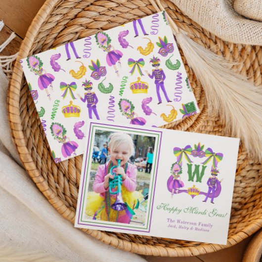 Watercolor Mardi Gras Monogram Wapenschild Foto Feestdagenkaart