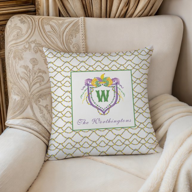Watercolor Mardi Gras Monogram Wapenschild Kussen (Creator heeft geüpload)