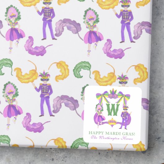 Watercolor Mardi Gras Monogram Wapenschild Vierkante Sticker