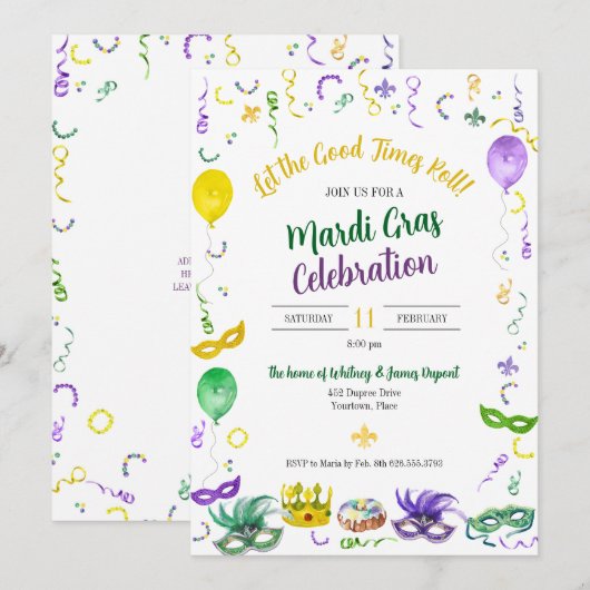 Watercolor Mardi Gras Objects Party Kaart (Voorkant / Achterkant)