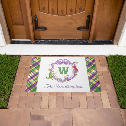 Watercolor Mardi Gras Plaid Animals Monogram Crest Deurmat (Buiten)
